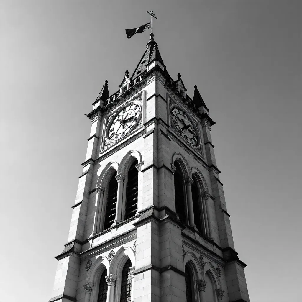 Gothic Clock Tower with Flag in Black and White