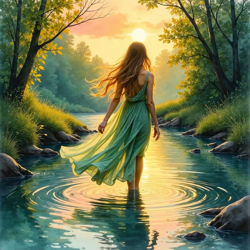 Sunset Nymph in Watercolor Wilderness