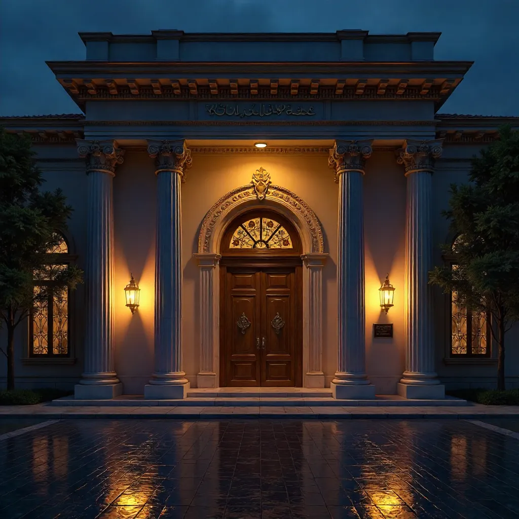 Elegant Night Entrance with Grand Columns in Konya