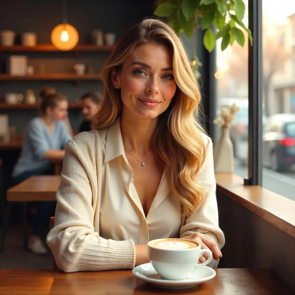Elegant White Woman in a Cozy Coffee Shop
