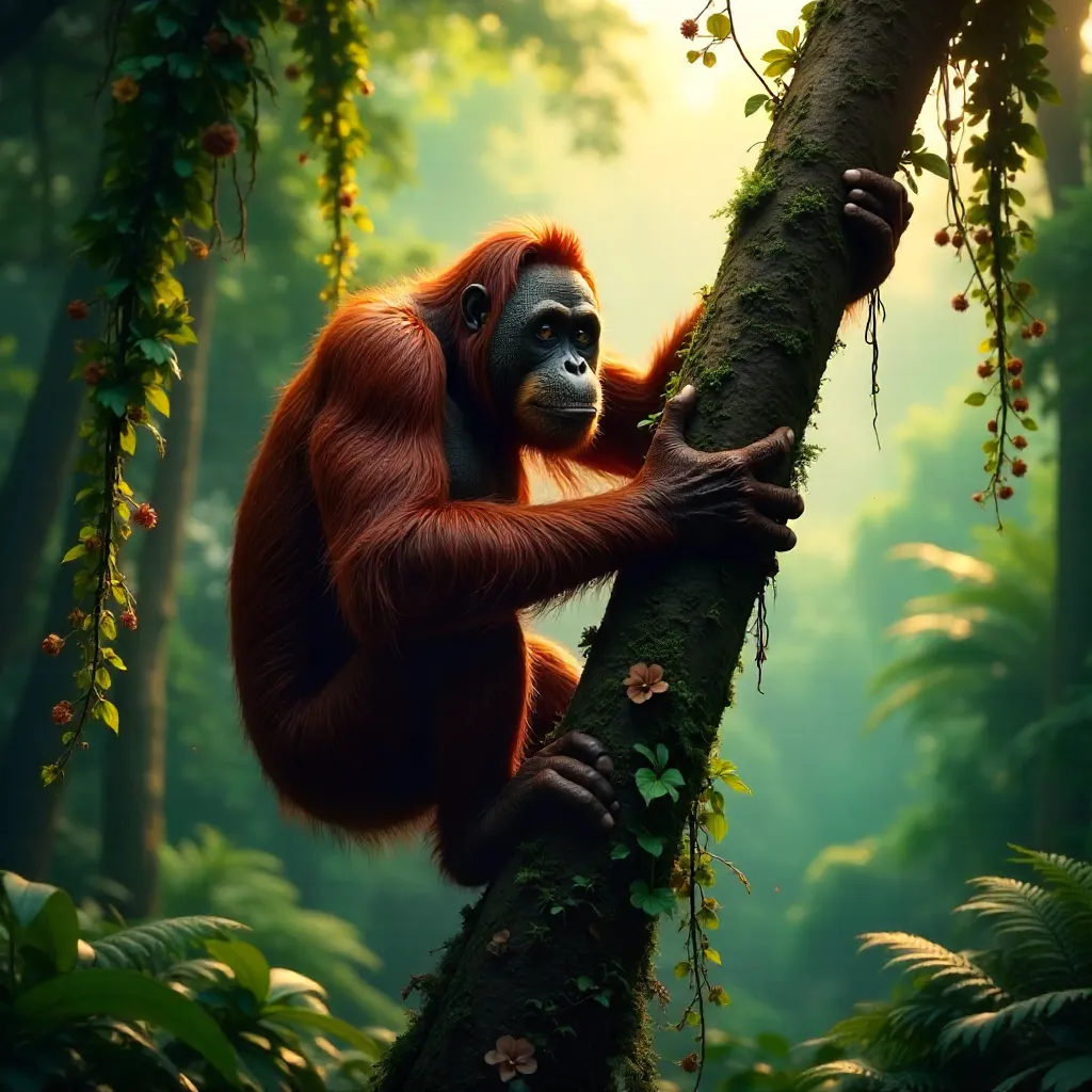 Majestic Sumatran Orangutan Climbing Rainforest