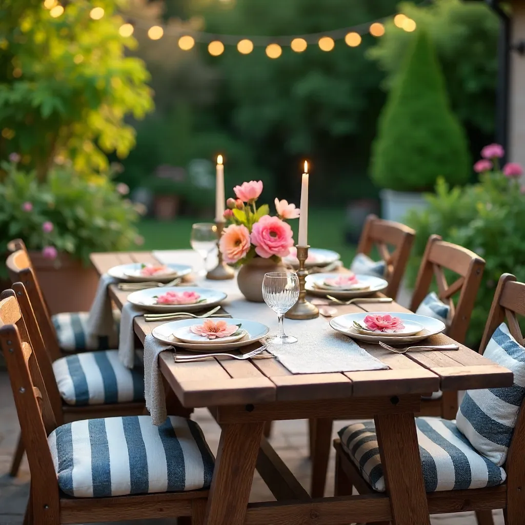 Floral Plates and Striped Cushions Outdoor Dining