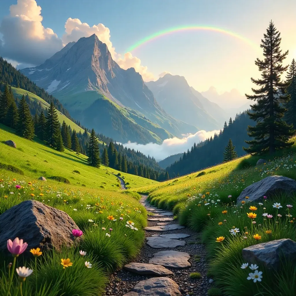 Spring Rainbow over Lush Mountain Landscape