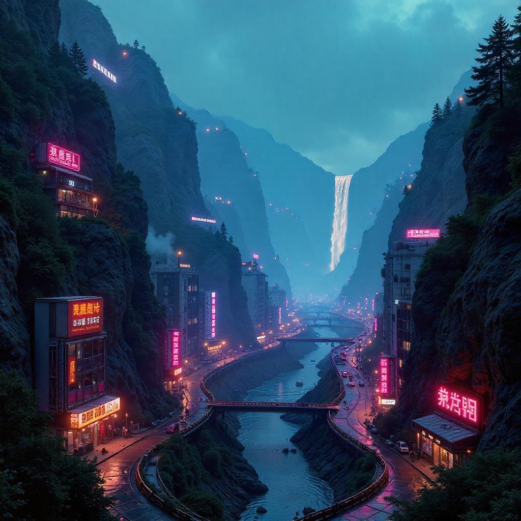 Neon Megacity Rising in a Mountain Valley
