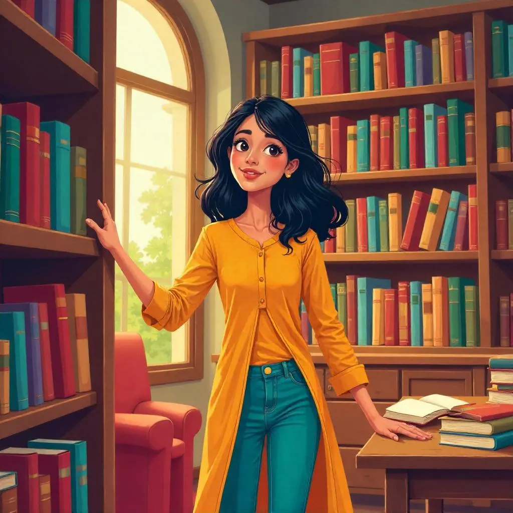 Young Indian Woman Browsing Books in a Cozy Cartoon Bookstore