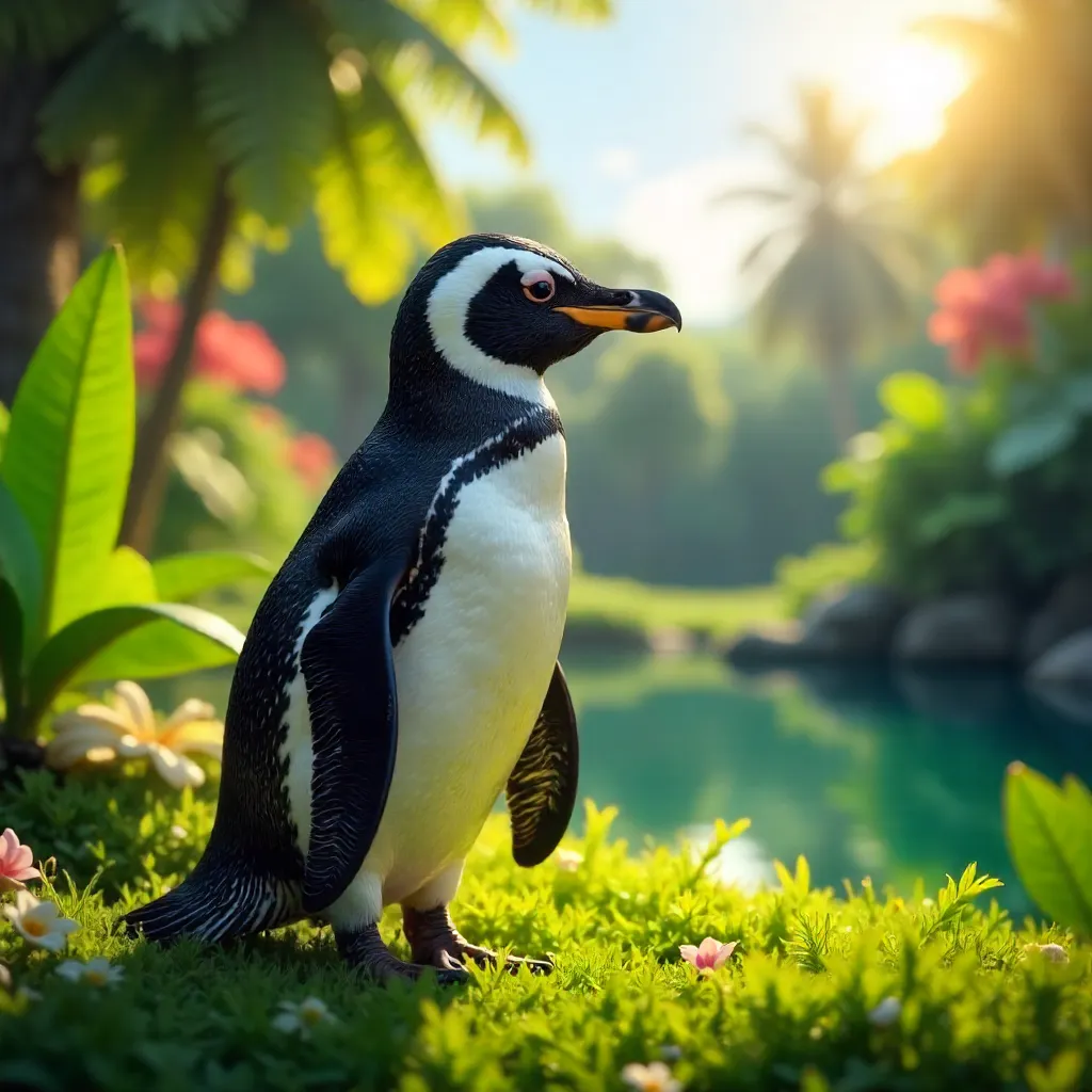 Sunny Day Humboldt Penguin in Lush Greenery