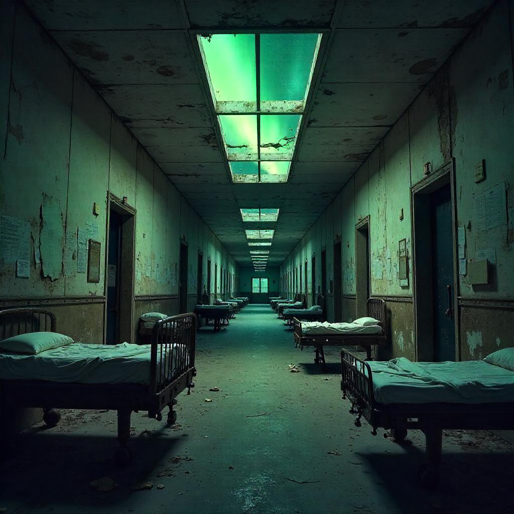Aurora Borealis Over an Abandoned Asylum Corridor