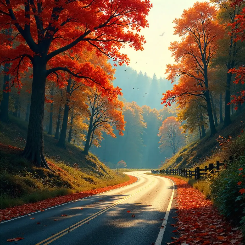 Serene Autumn Road Through a Colorful Forest