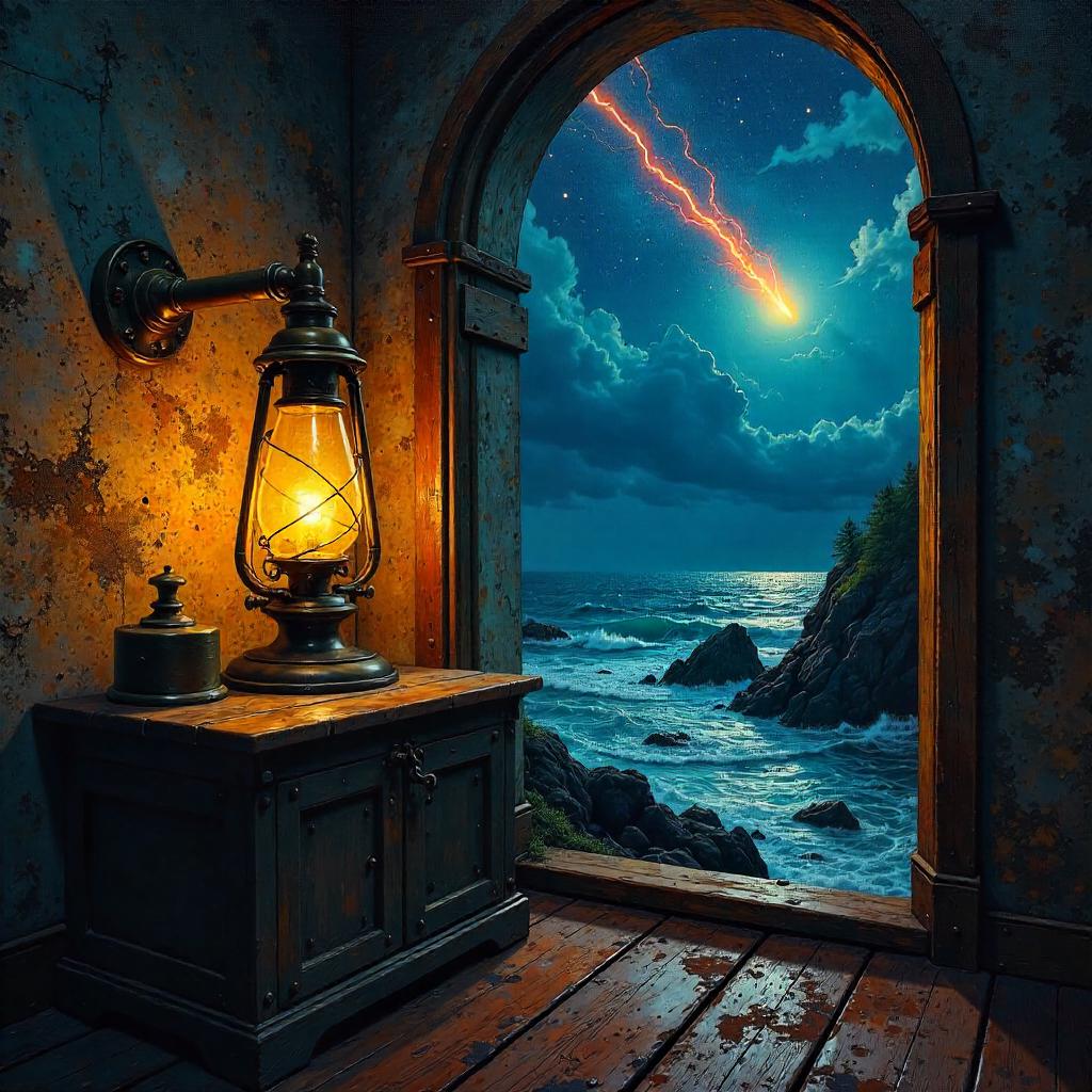 Meteor Over a Lighthouse: An Oil Painting