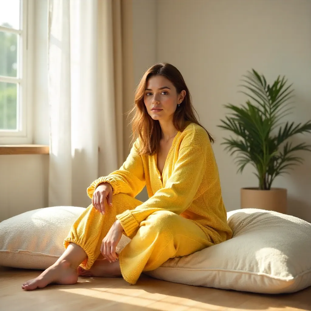 Sunlit Minimalist Comfort: Woman in Yellow Loungewear