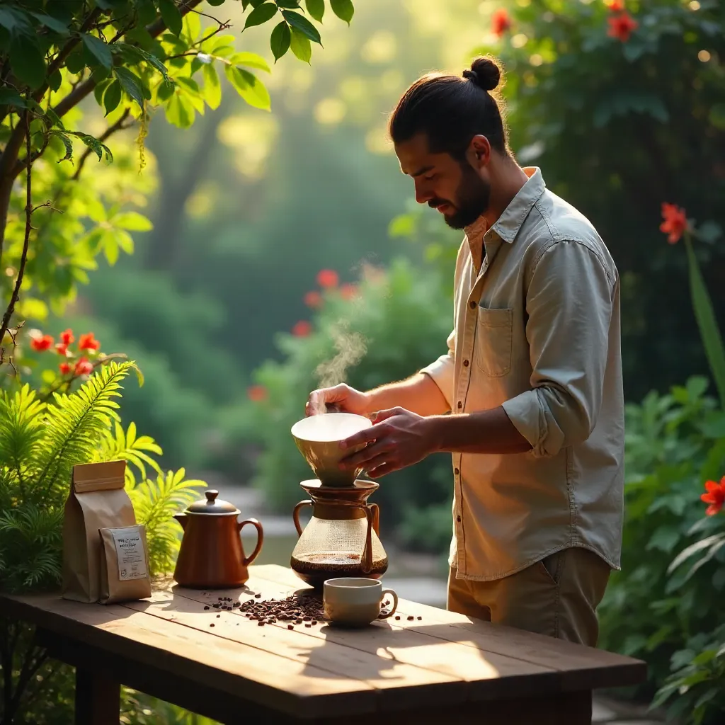 Morning Coffee Ritual in a Lush Garden