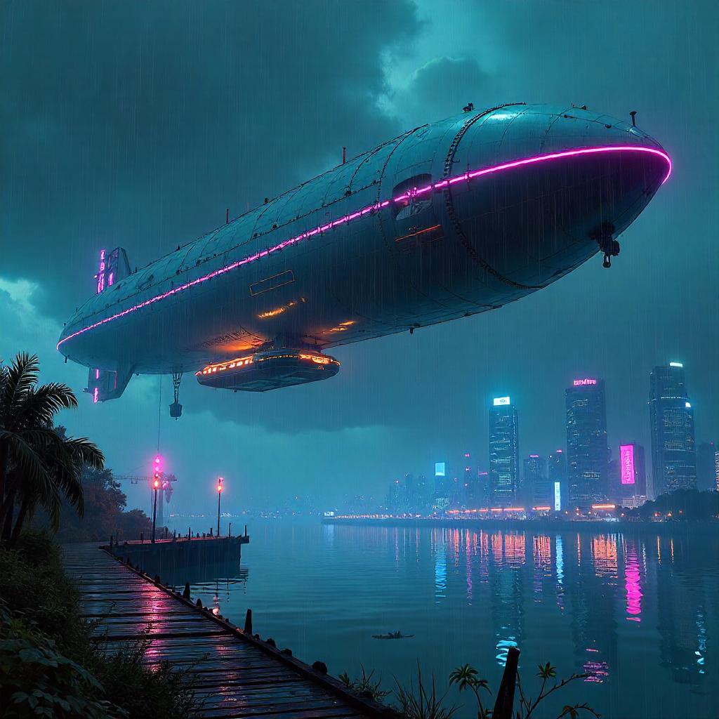 Neon Airship by the Lake at Night