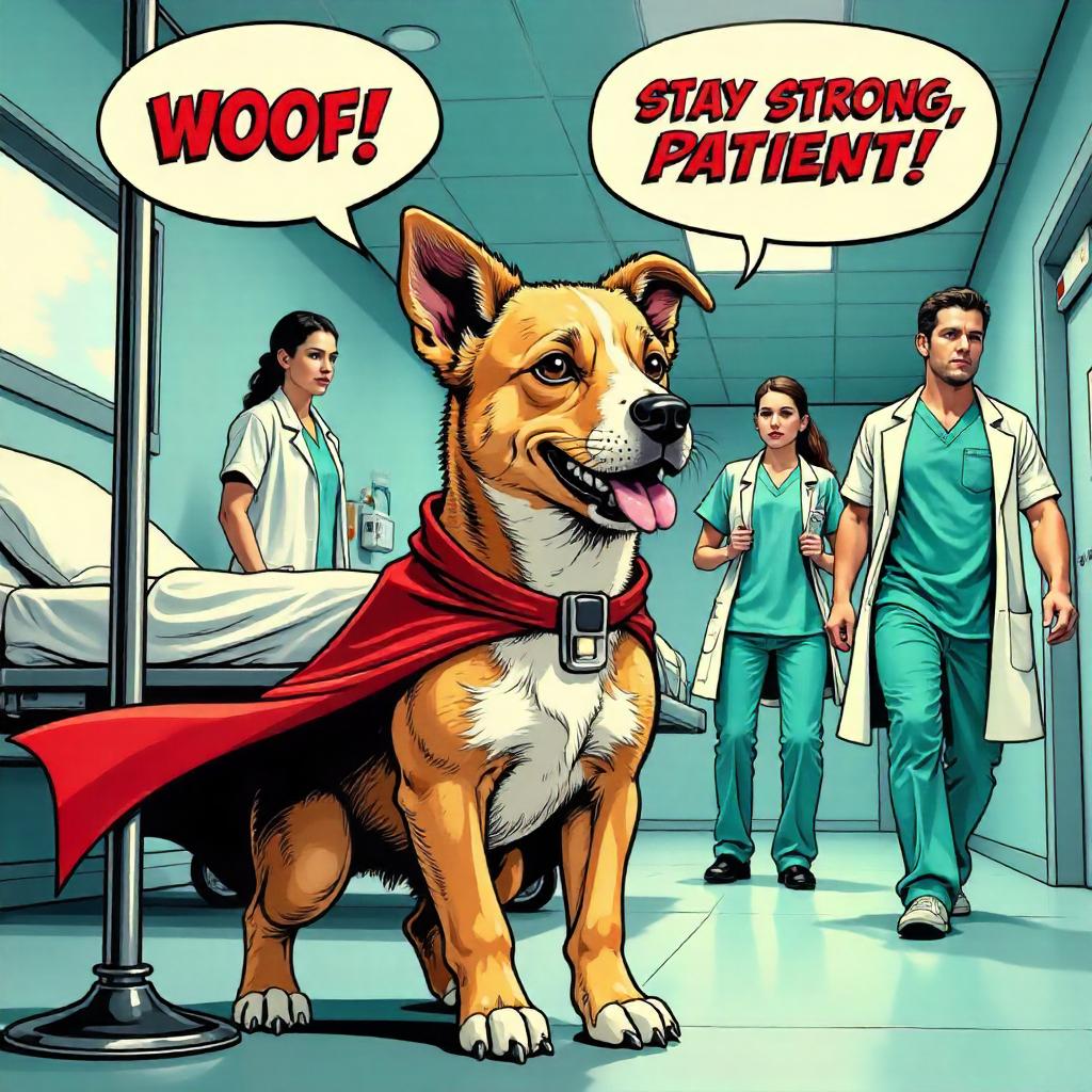 Canine Hero in a Bold Comic Hospital Scene