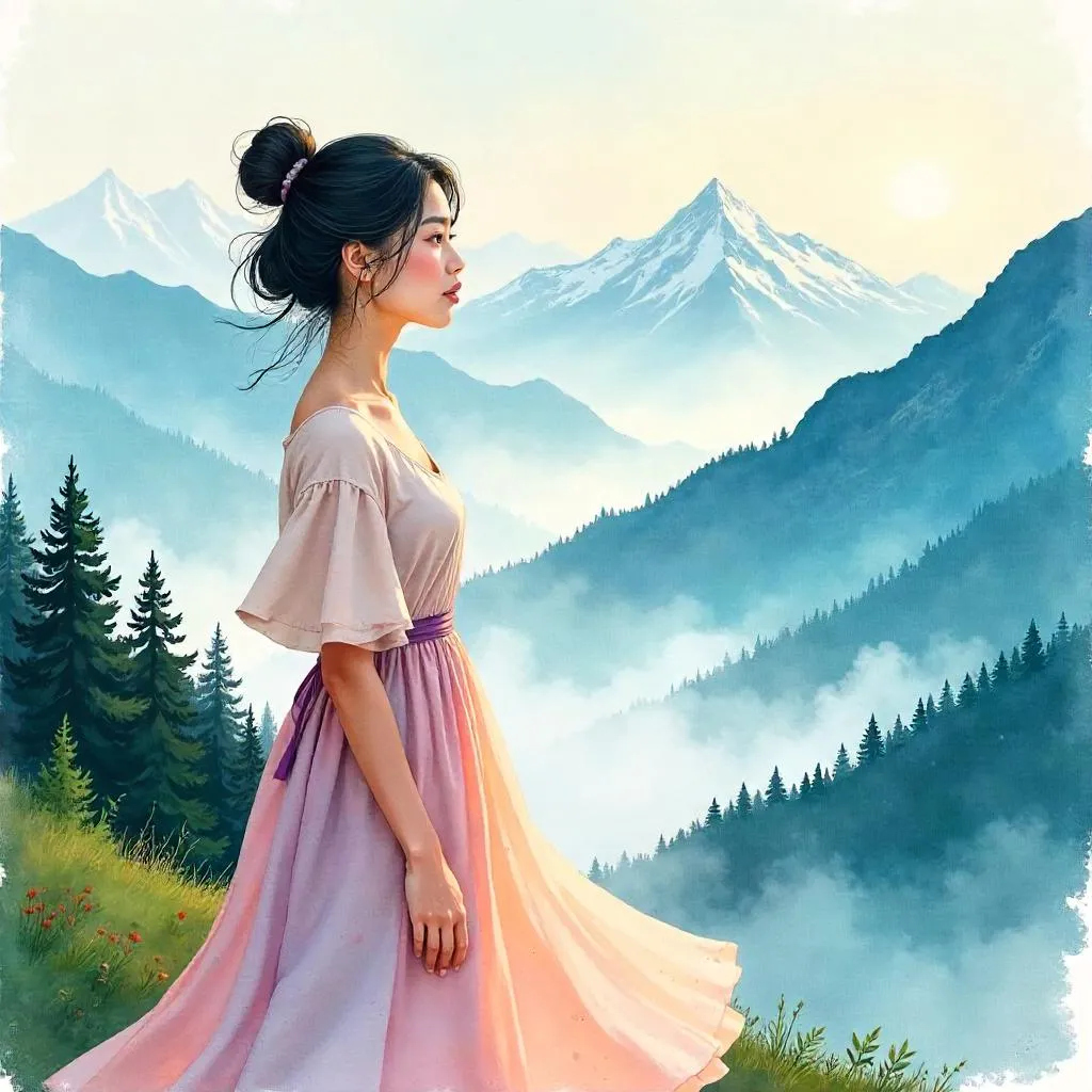 Watercolor Portrait of a Young Asian Woman in the Mountains