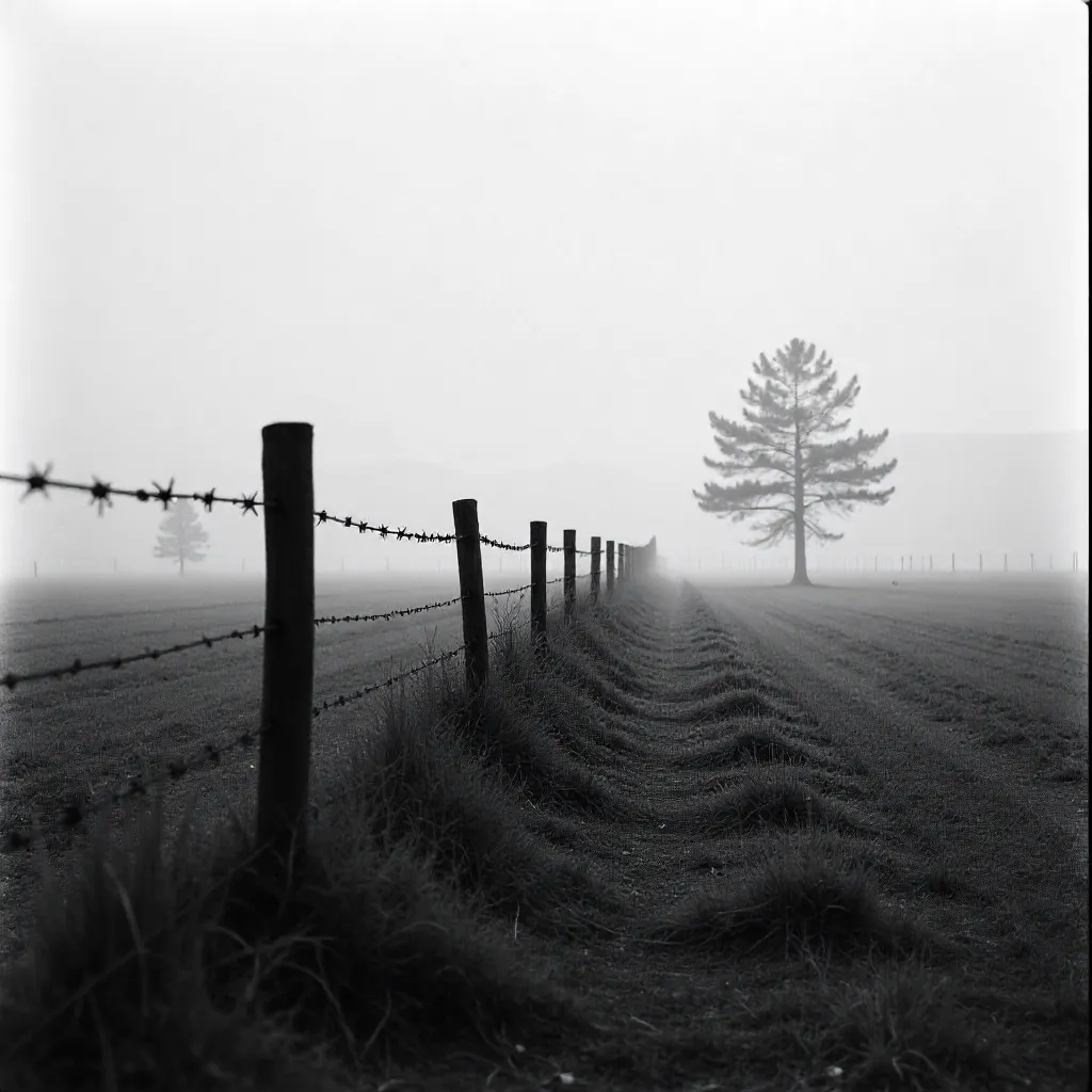 Black & White Fog Over Bolu Field and Barbed Wire