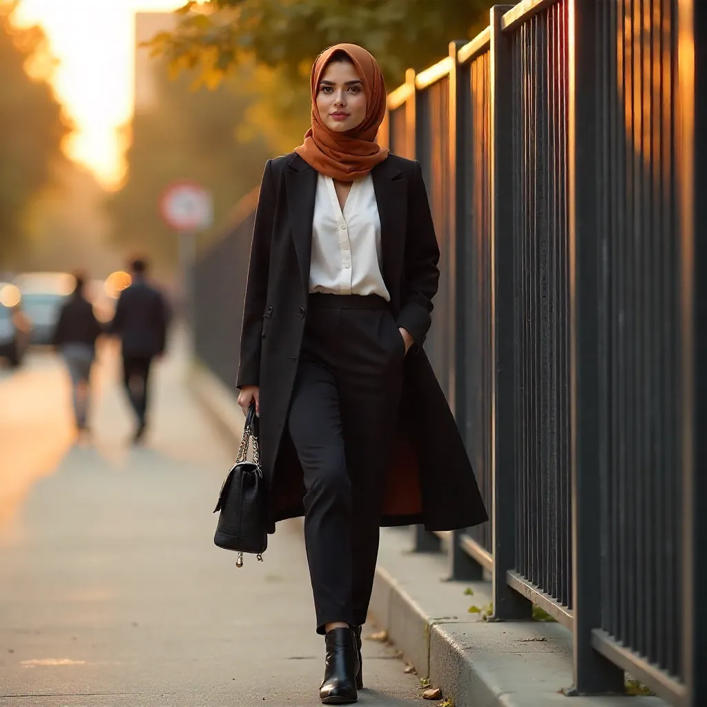Stylish Hijab-Clad Woman Walking by a Metal Fence