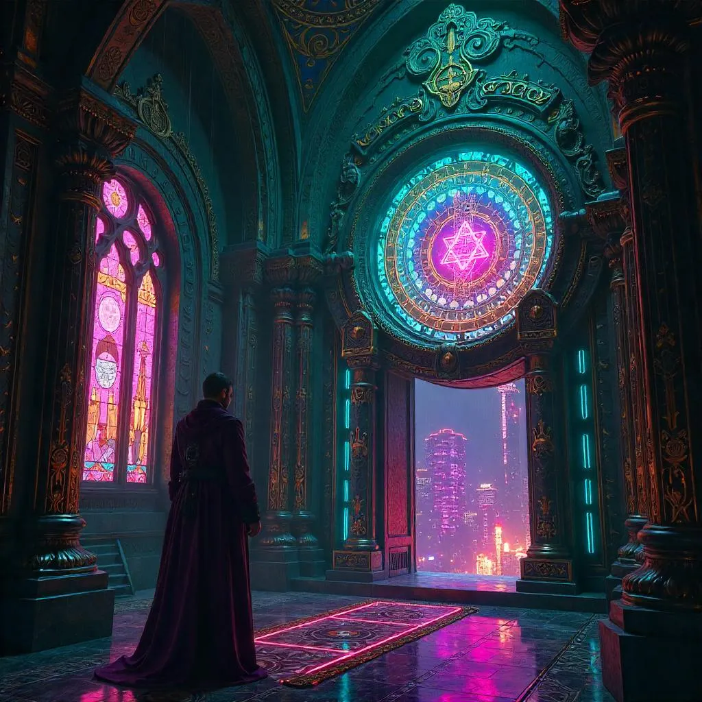 Portal Within a Sacred Shrine: Neon Cyberpunk
