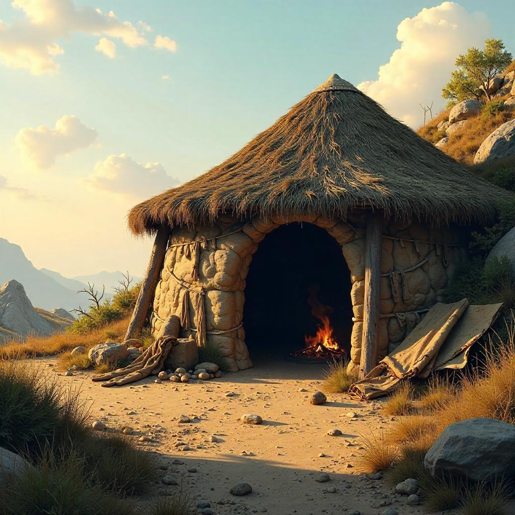 Stone Age Hut Concept Art at Dawn
