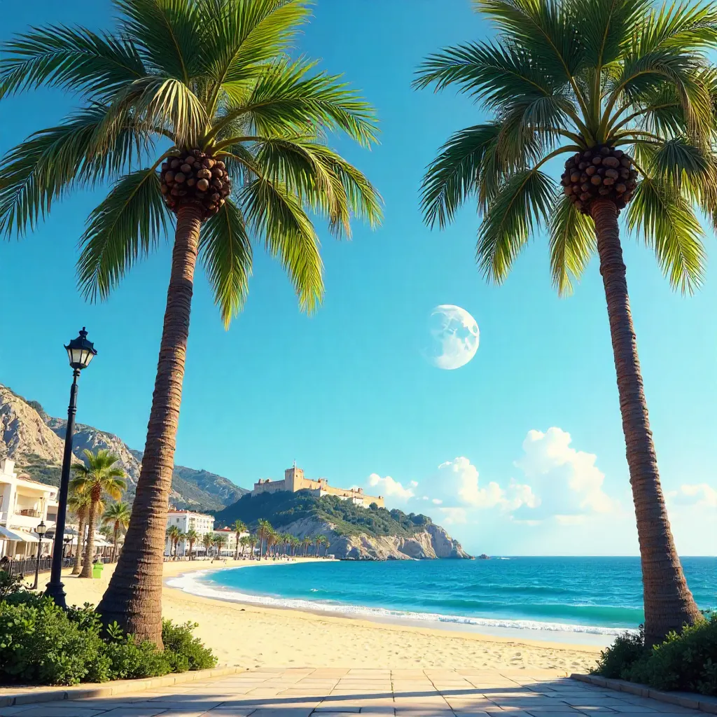 Serene Palm Trees under Moonlit Alicante Sky