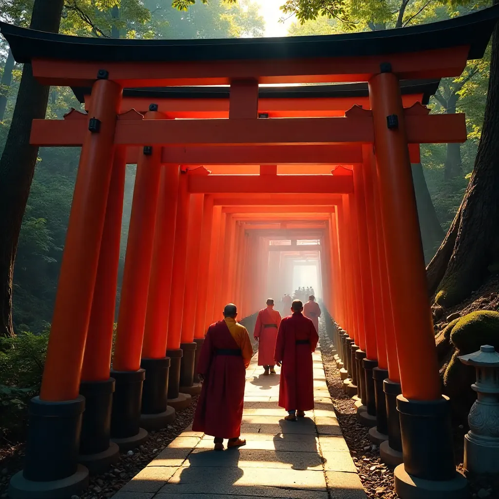 Monks Beneath Fushimi Inari Vermilion Gates