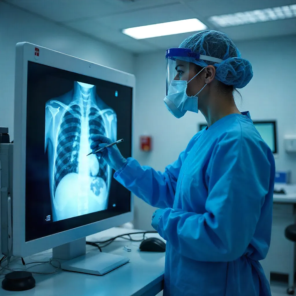 PPE-Clad Doctor Analyzing Chest X-Ray for Diagnosis