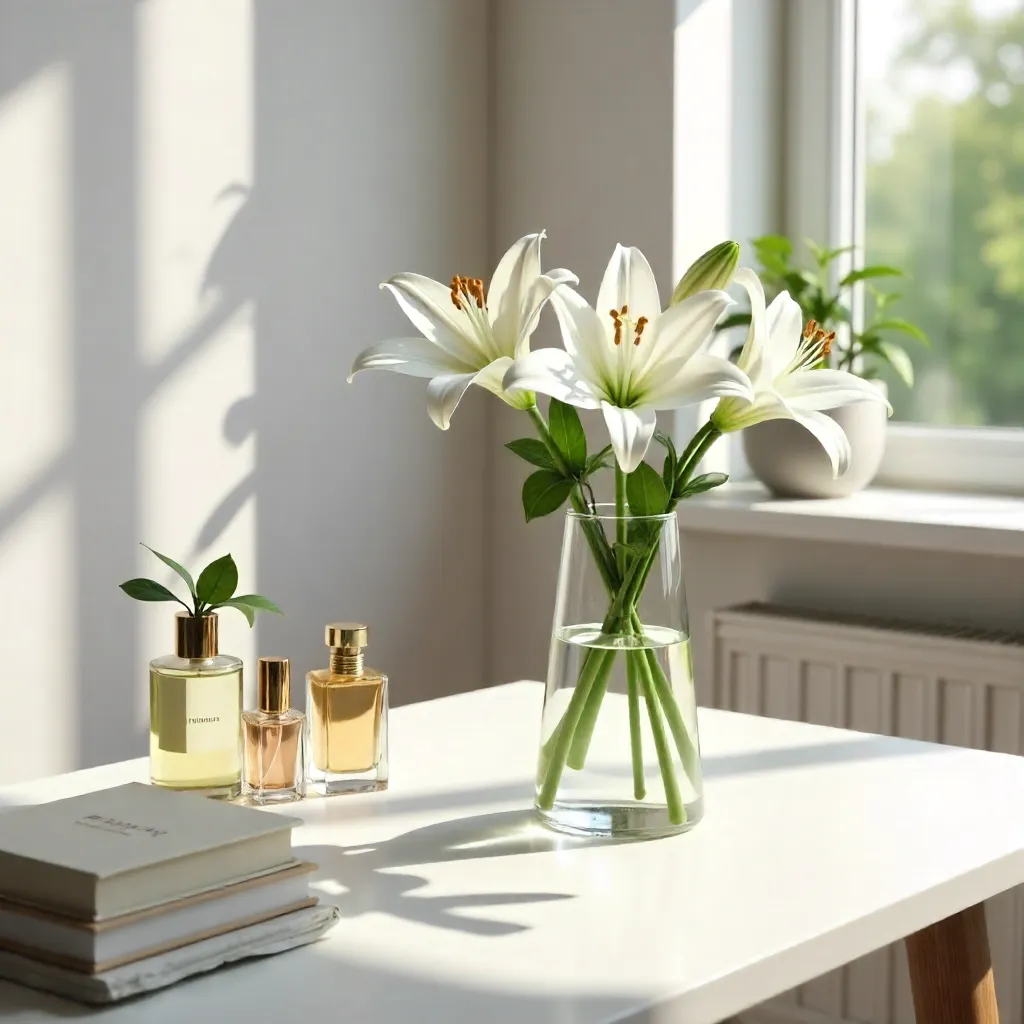 Minimalist Desk with White Lilies and Perfume
