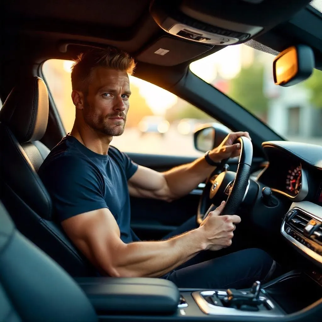 Photorealistic athletic white man in luxury car interior