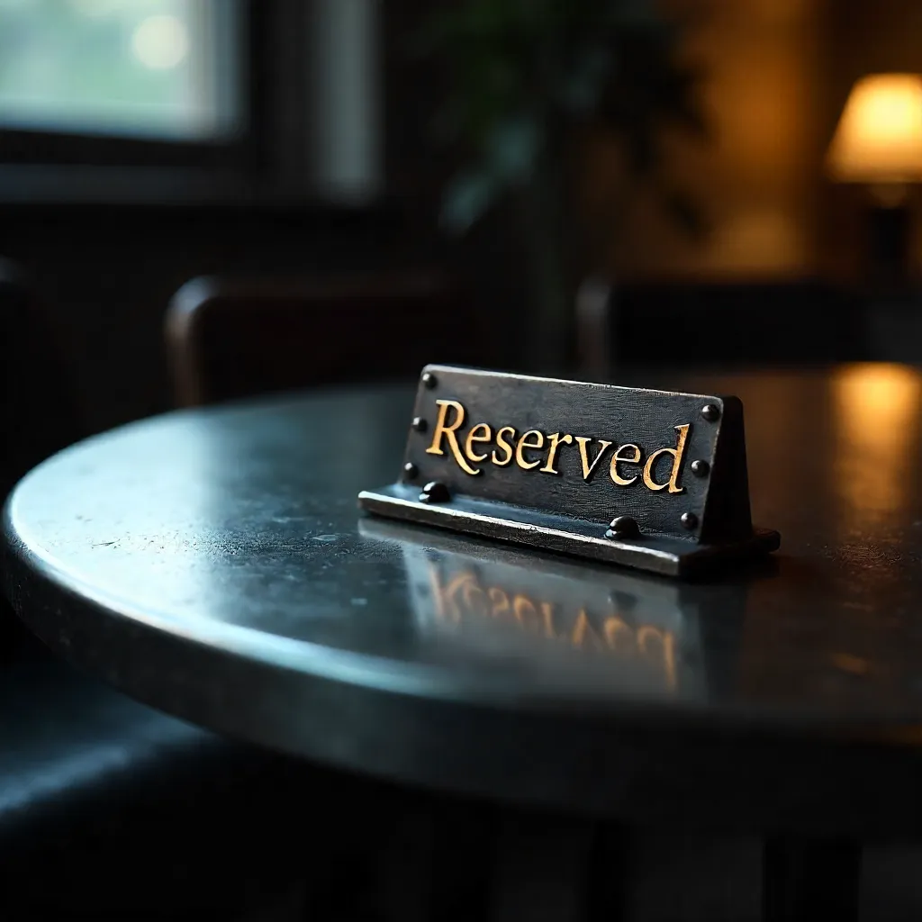 Dimly Lit Circular Metal Table with Reserved Sign