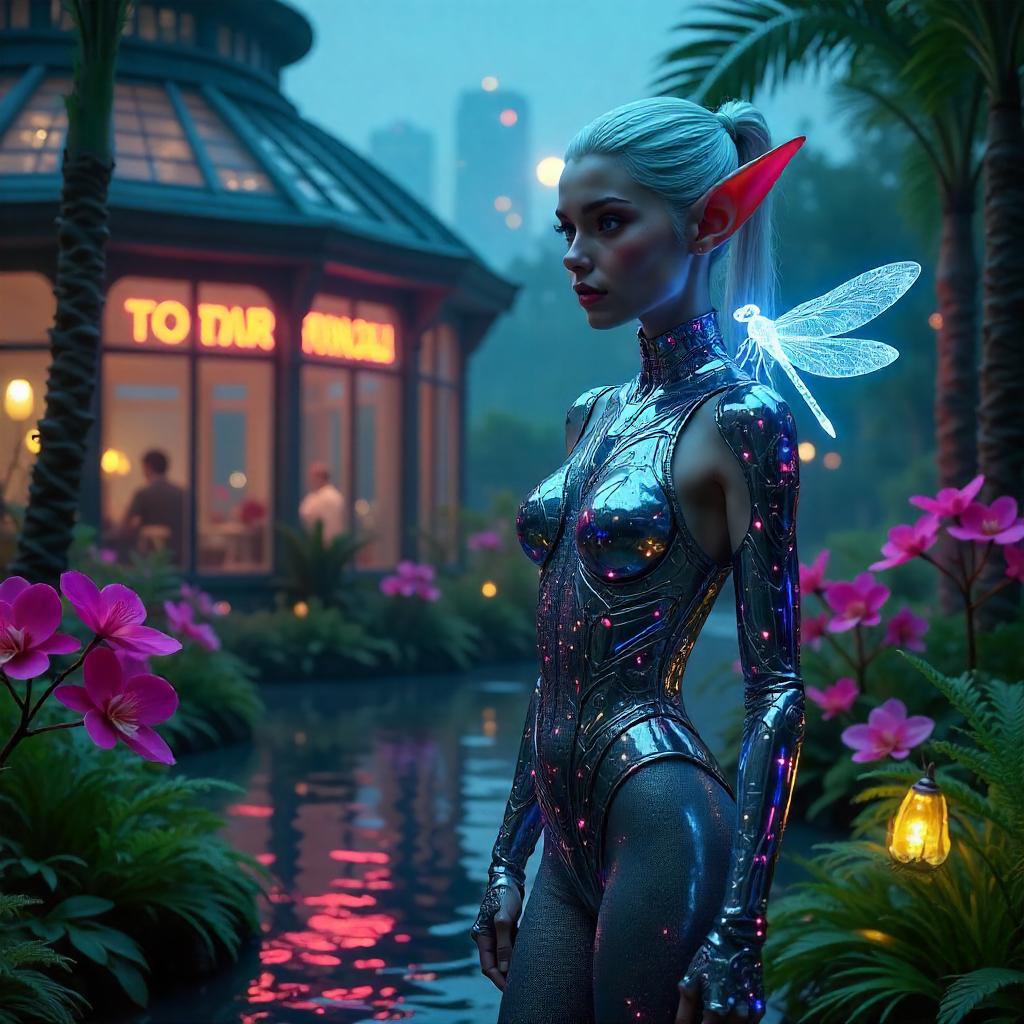 Neon Elf in a Cyberpunk Botanical Garden