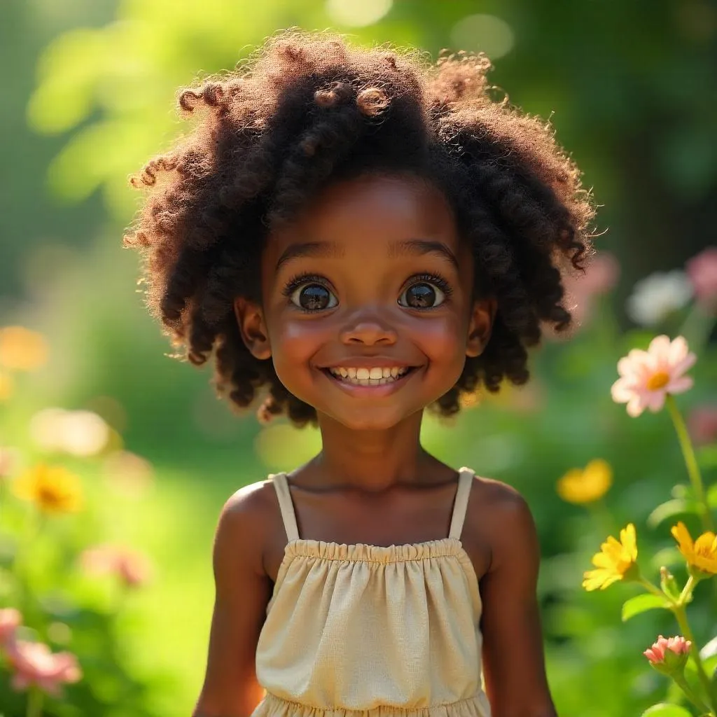 Cheerful Black Girl in a Sunlit Garden