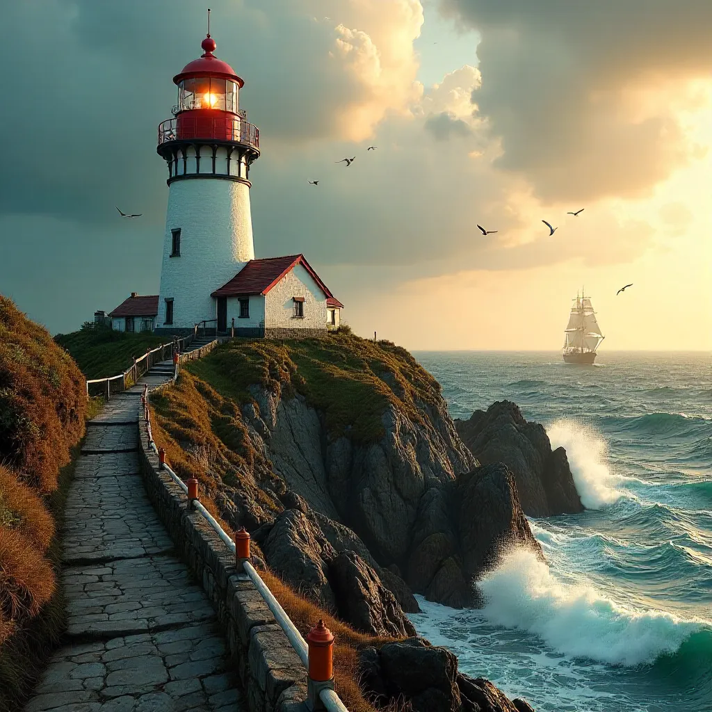 Lighthouse on Brittany's Roaring Rocky Coast