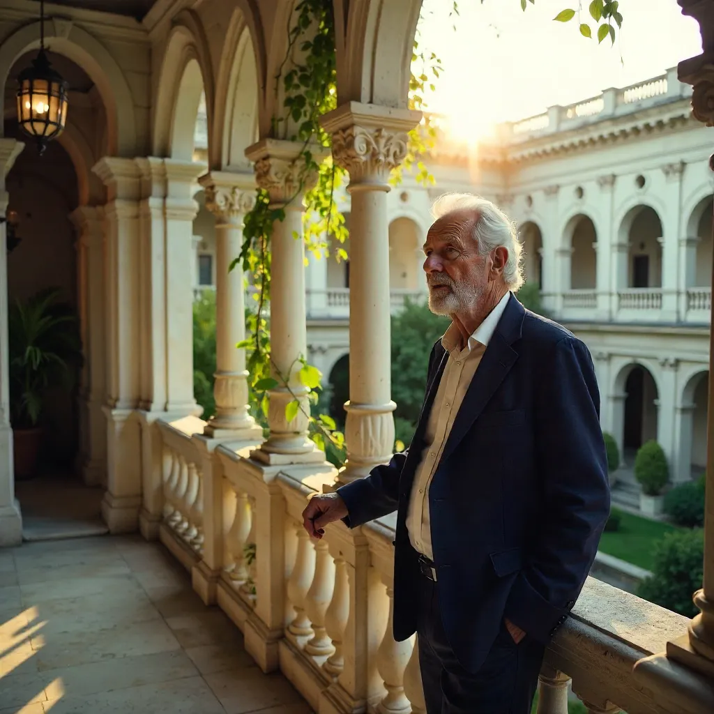 Elderly Man on a Historic White Balcony with Greenery
