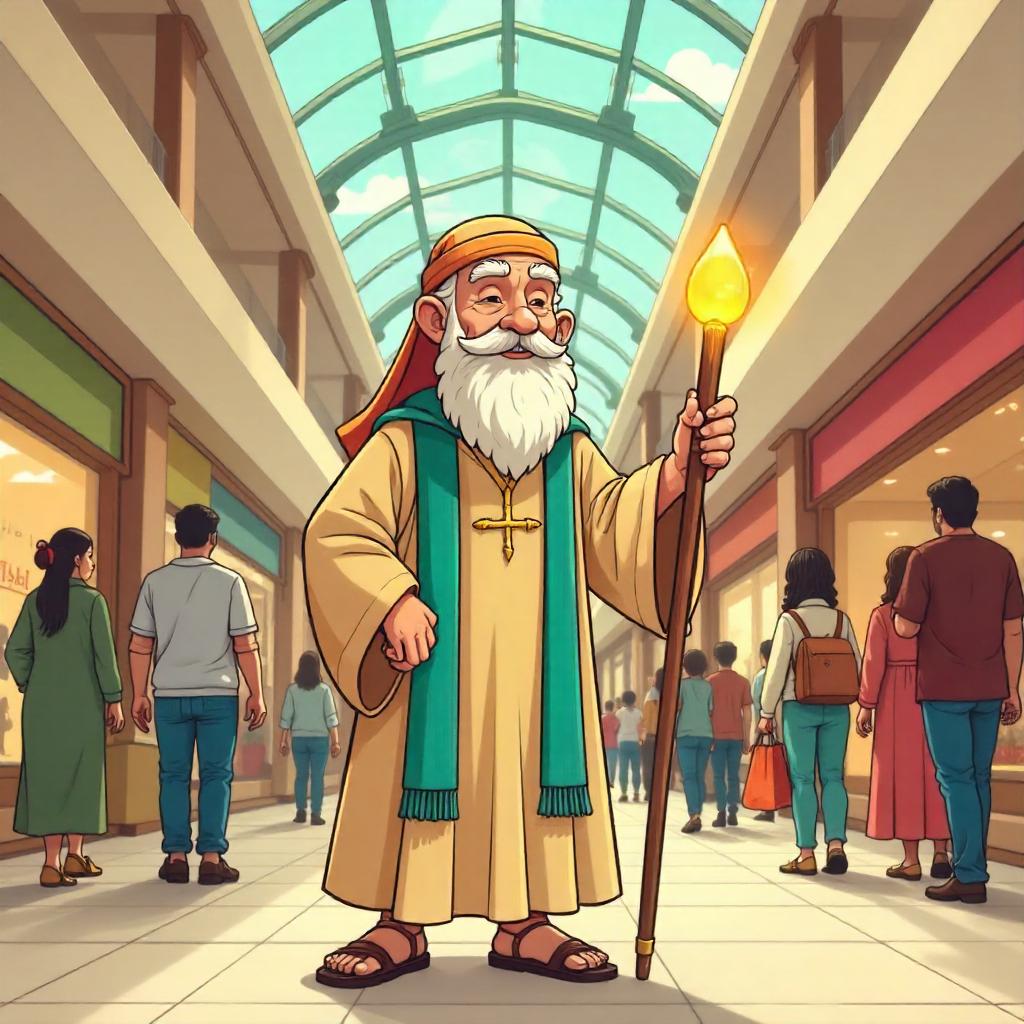 Cartoon Prophet in a Busy Shopping Mall