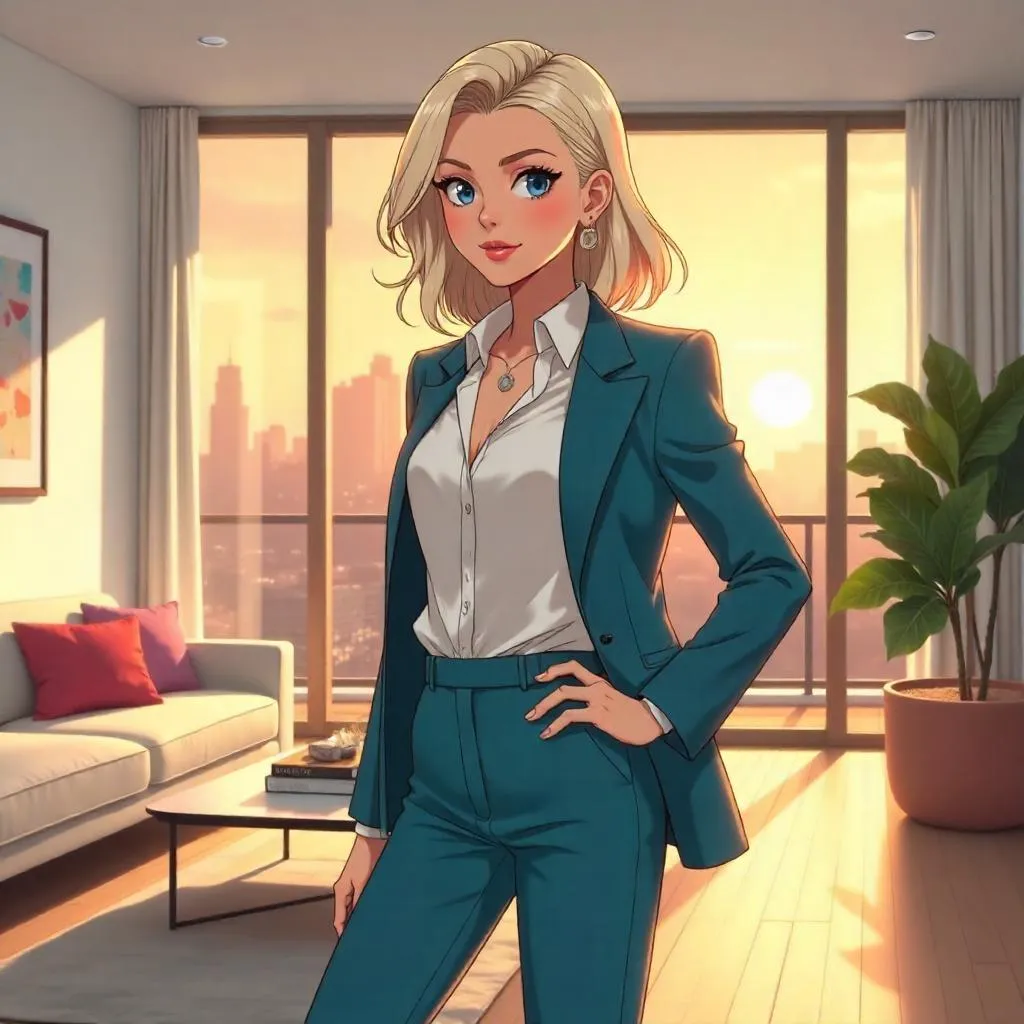 Confident White Woman in Anime-Style Modern Apartment