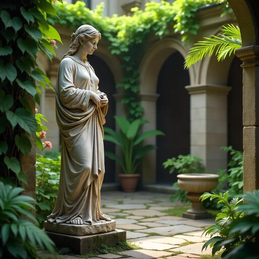 Serene Stone Statue in a Classic Courtyard