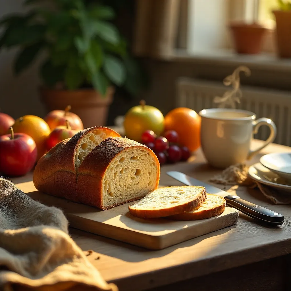Cozy Kitchen Table with Fresh Bread and Fruits