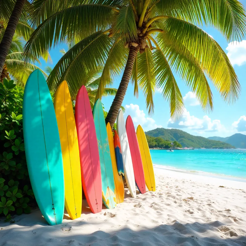 Sunlit Martinique Surfboards Under Palm Canopy