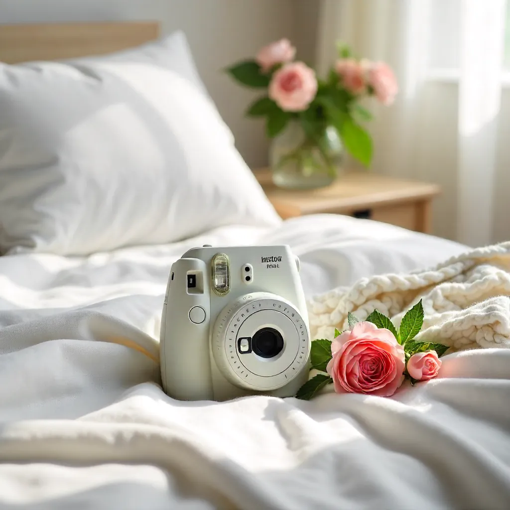 Cozy White Bed With Instant Camera and Flowers