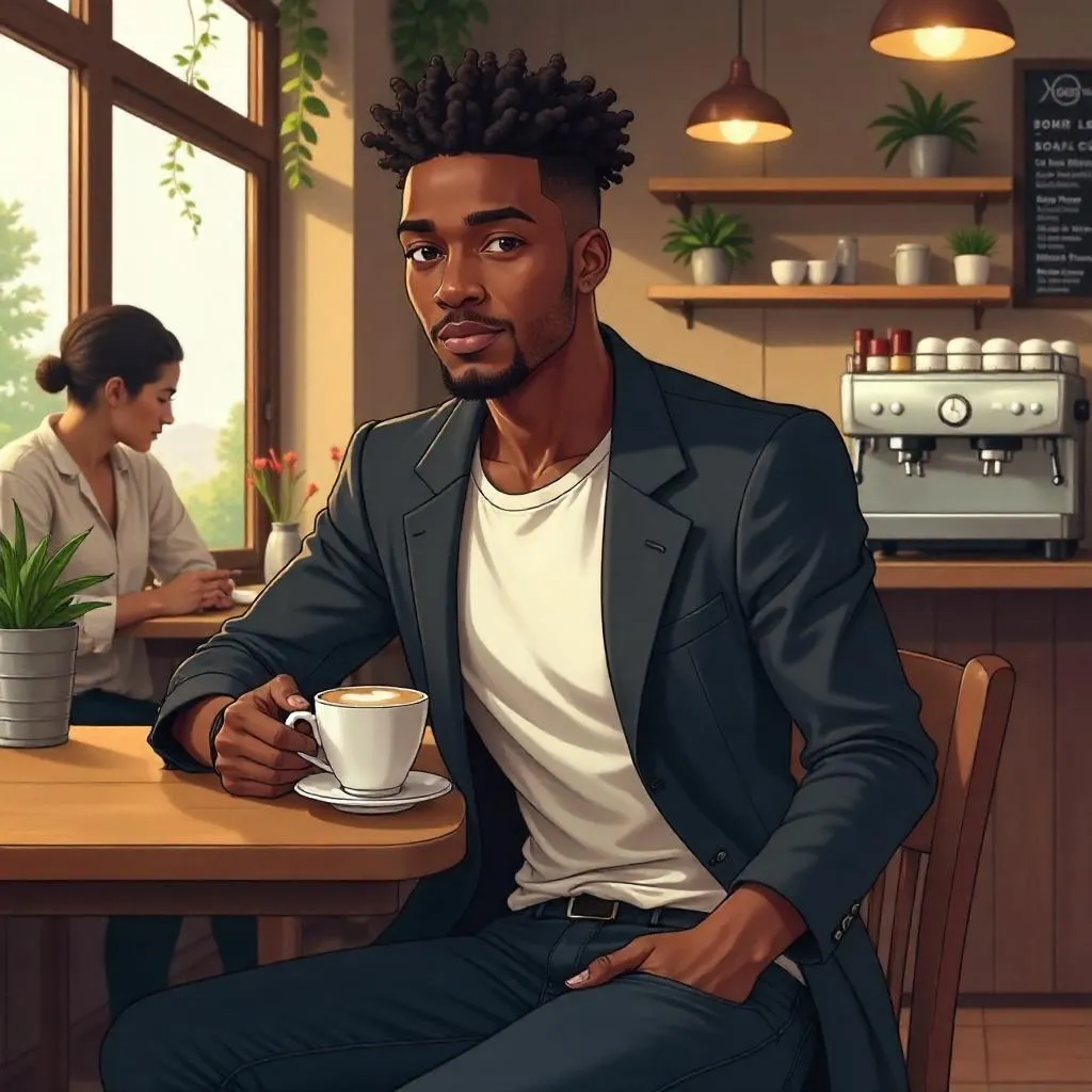 Stylish Black Man in an Anime Coffee Shop