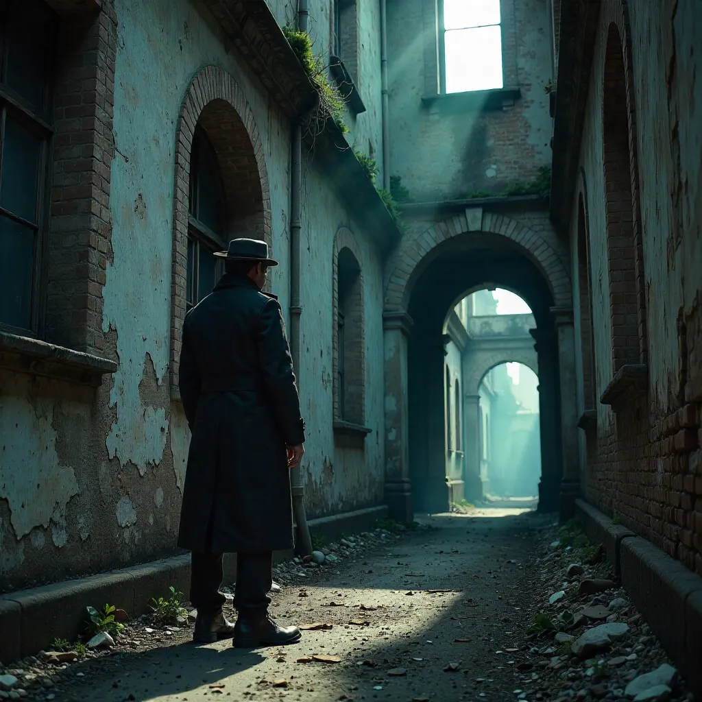 Shadowed Figure in a Decayed Building Exterior