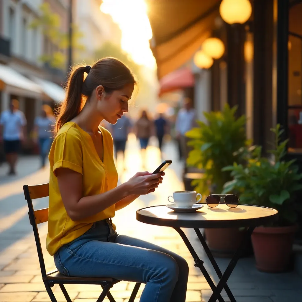 Woman in Yellow Shirt at Outdoor Café