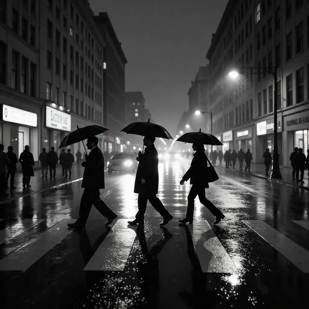 Monochrome Rain: Umbrellas on a Crosswalk
