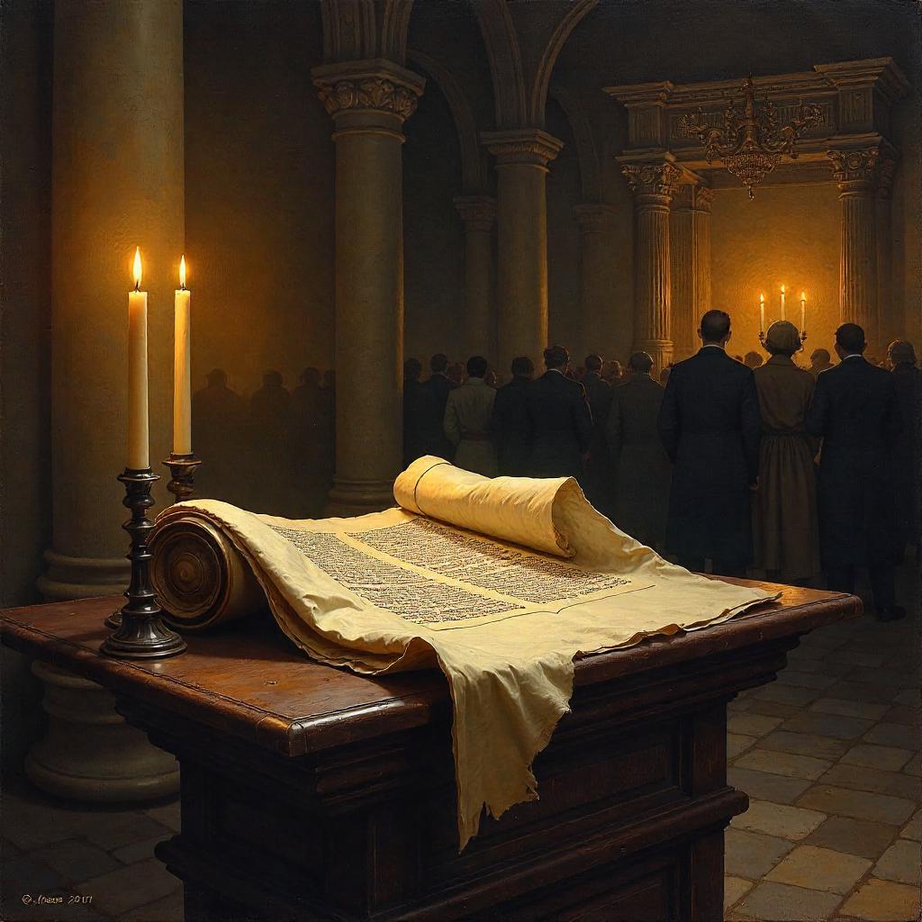 Ancient Scroll in a Dim Synagogue Oil Painting