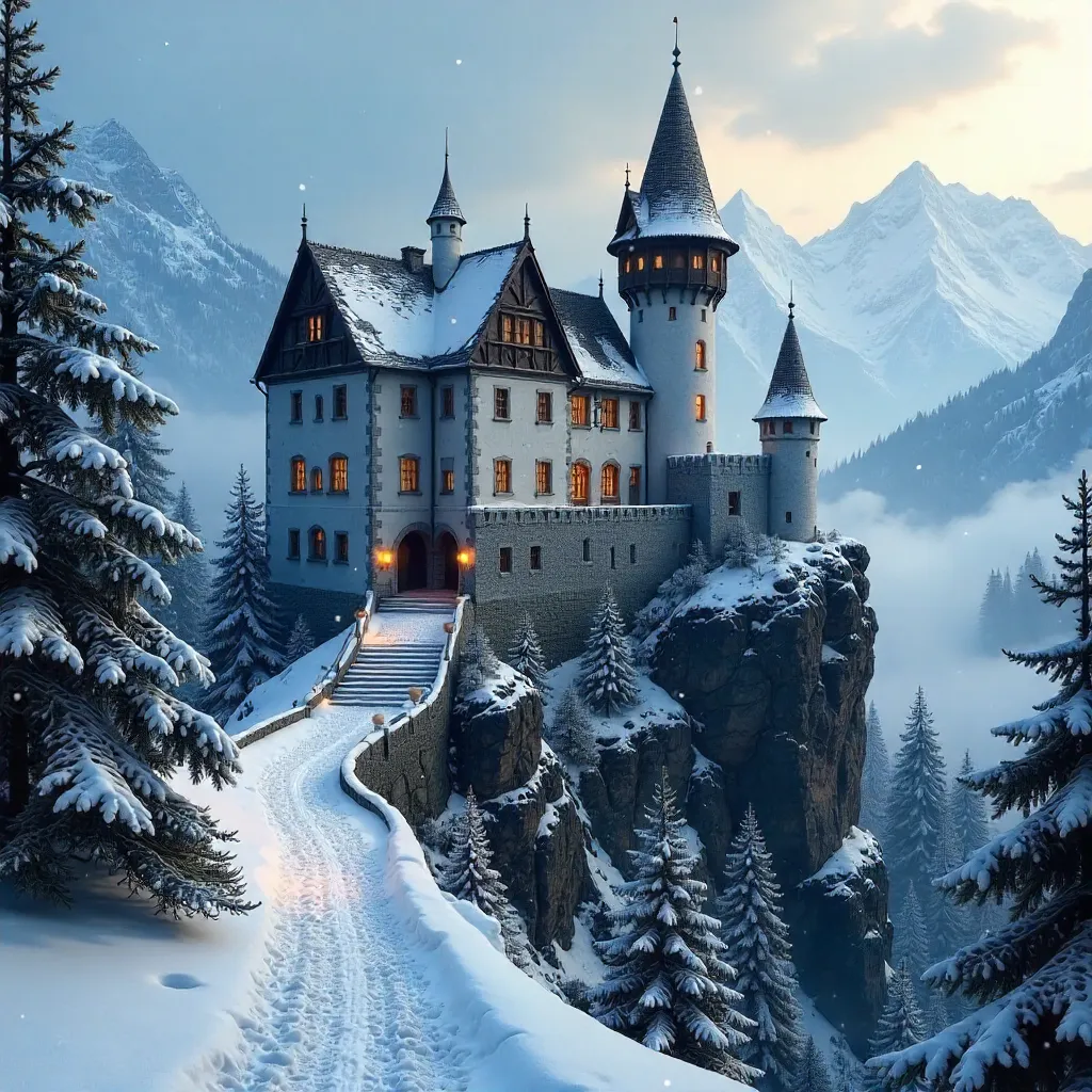 Snowy Landscape of Burg Taufers Castle Surrounded by Trees