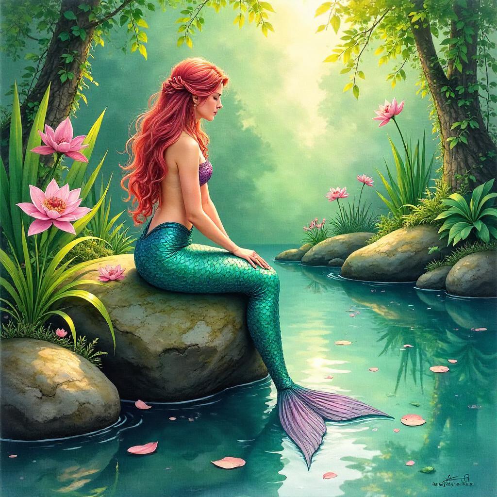 Mermaid in a Watercolor Botanical Garden