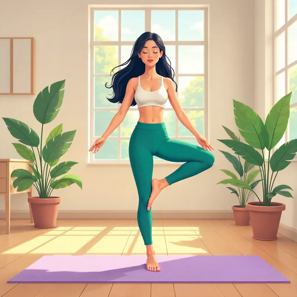 Serene Anime Yoga Studio: Asian Woman in Tree Pose