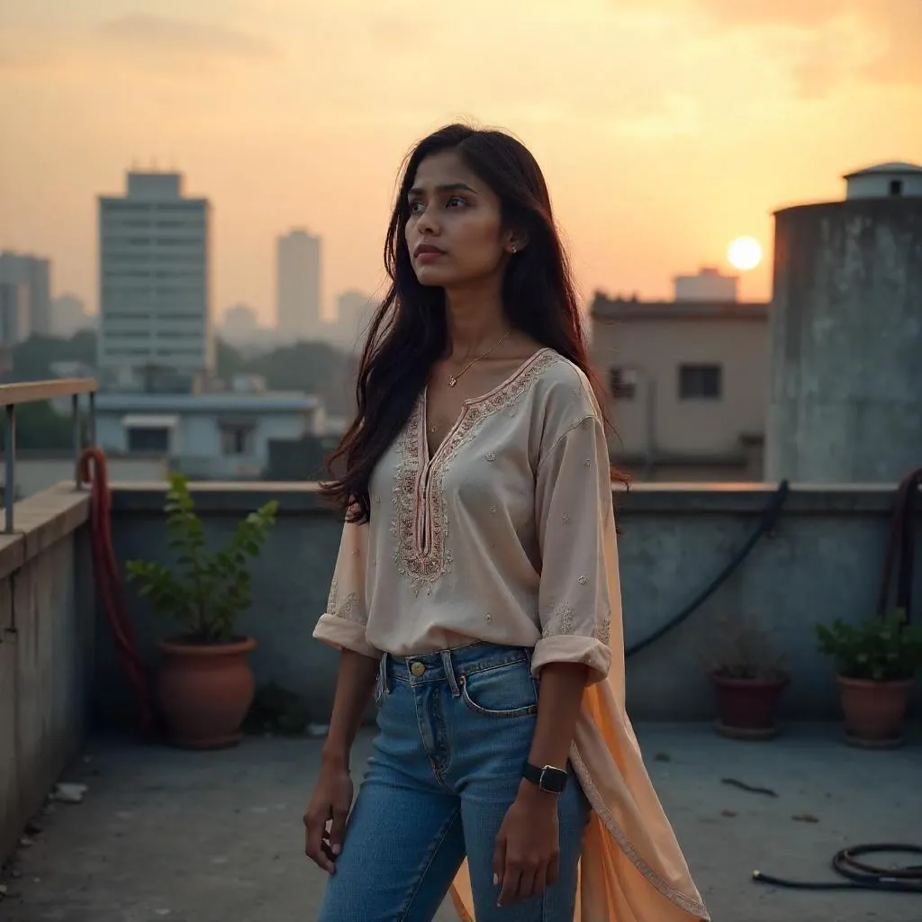 Rooftop Portrait of an Adult Indian Woman at Golden Hour