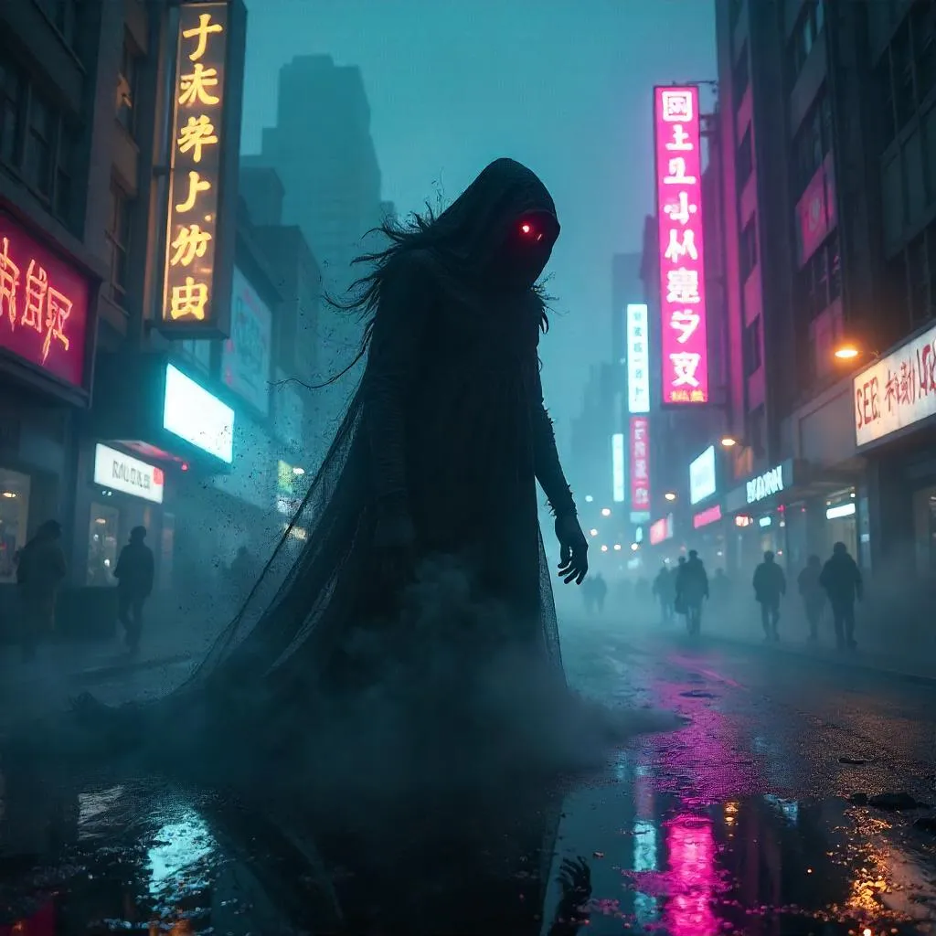 Shadow Creature in Neon Fog: A Cyberpunk Veil