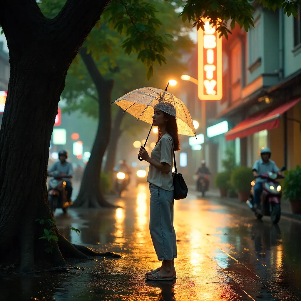 Young Woman Under a Tree in Saigon Rain