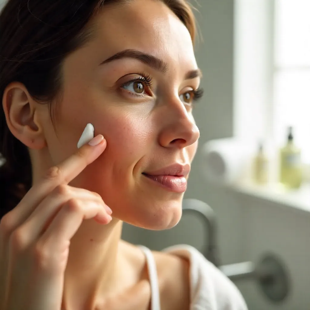 Close-Up: Woman Applies Facial Cream for Healthy Skin